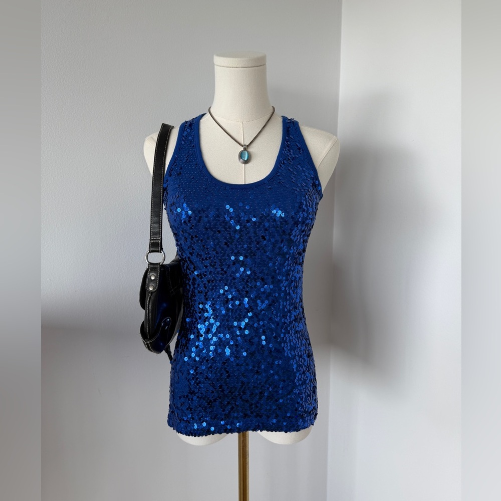 Royal Blue Sequin Racerback Tank Top Early 2000s — S
